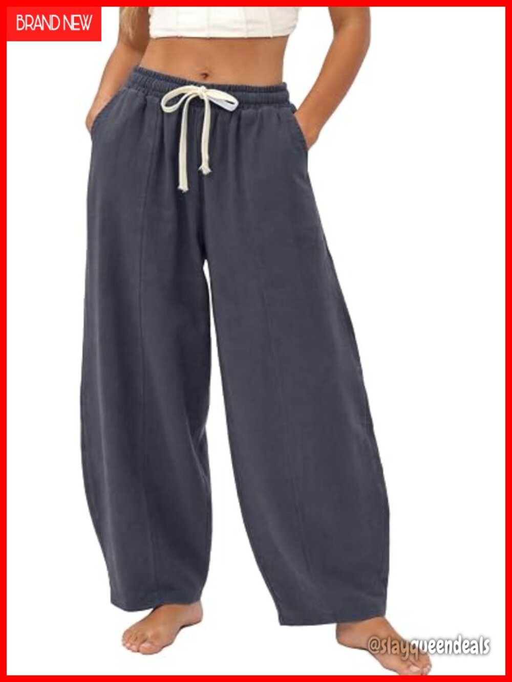 Cotton Linen Wide Leg Harem Pants Elastic Waist Flowy Trousers